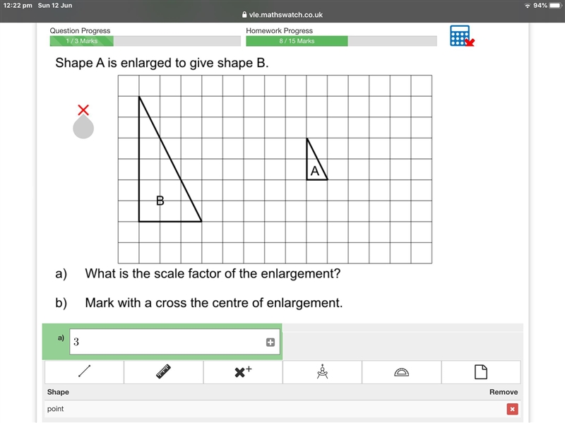 Shape A is enlarged to give shape B a) what is the scale factor of the enlargement-example-1