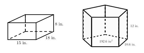 Two fish tanks are shown below, one in the shape of a right rectangular prism and-example-1