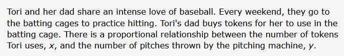 If Tori uses 1 token in the batting cage, the pitching machine throws 6 pitches. Write-example-1