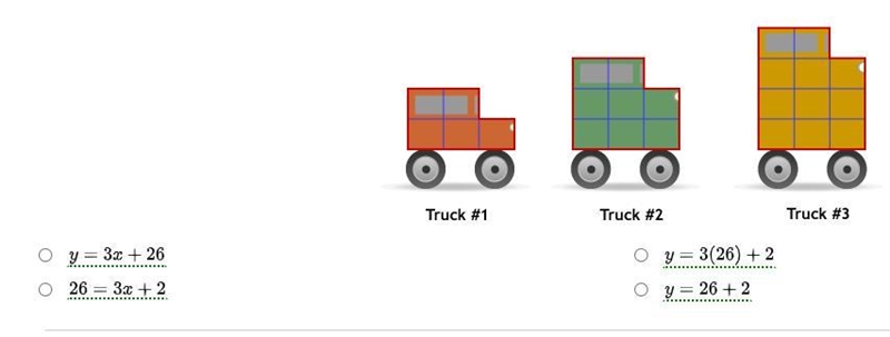 Which equation tells you the value in the truck pattern that is created from 26 squares-example-1