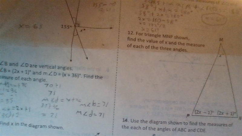 For triangle MNP shown, find the value of x and the measure of each of the three angles-example-1