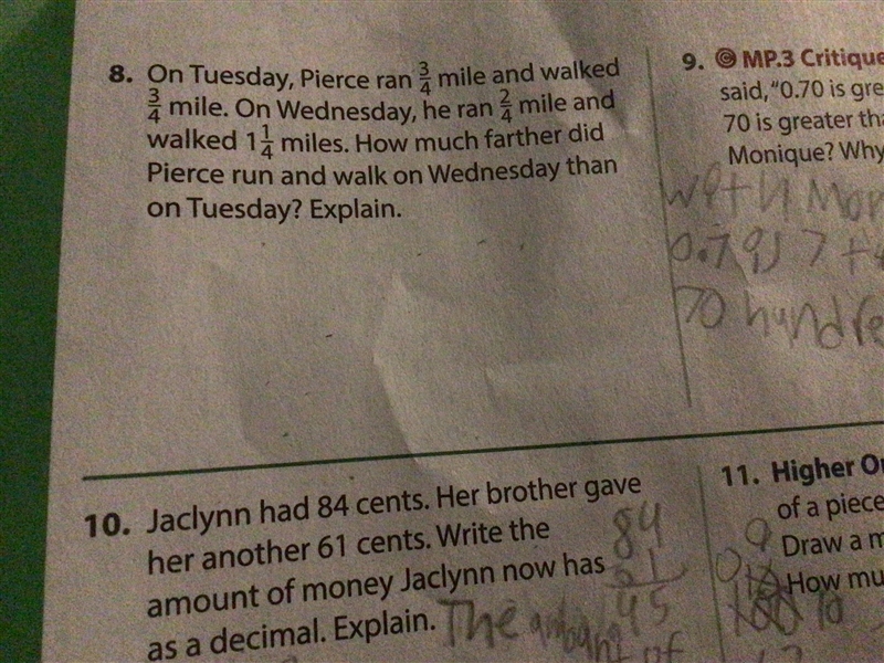 On Tuesday pierce ran 3/4 mile and walked 3/4 mile. On Wednesday he ran 2/4 mile and-example-1