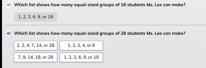 Which list shows how many equal-sized groups of 28 students Ms. Lee can make? *Picture-example-1