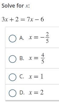 Solve for x: 3x + 2 = 7x - 6-example-1