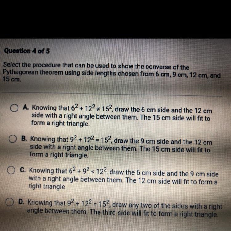 Select the procedure that can be used to show the converse of the Pythagorean theorem-example-1