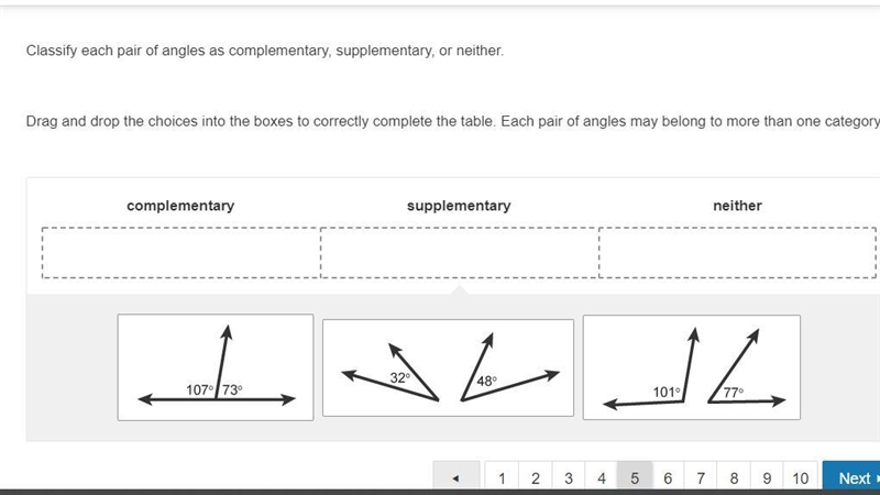 Classify each pair of angles as complementary, supplementary, or neither. Drag and-example-1