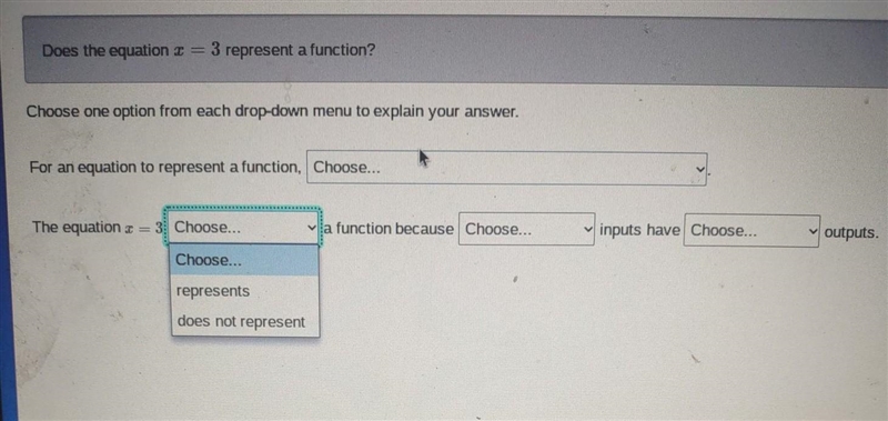 Does the equation 3 = 3 represent a function? Choose one option from each drop-down-example-1