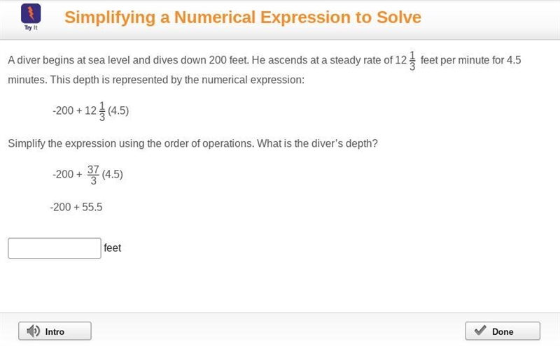 A diver begins at sea level and dives down 200 feet. He ascends at a steady rate of-example-1