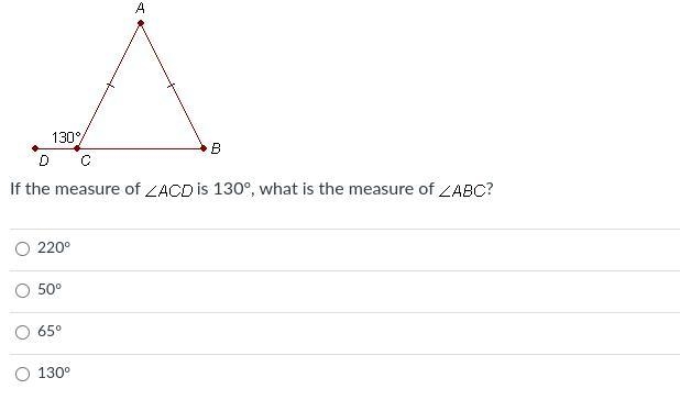 If the measure of ACD is 130 what is the measure of ABC?-example-1