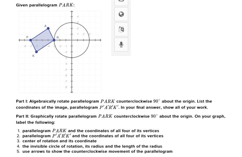 (60 POINTS) Given parallelogram P A R K : Part I: Algebraically rotate parallelogram-example-1