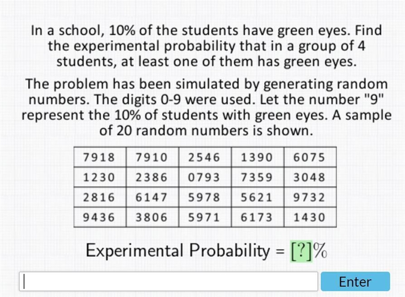 In a school, 10% of the students have green eyes. Find the experimental probability-example-1