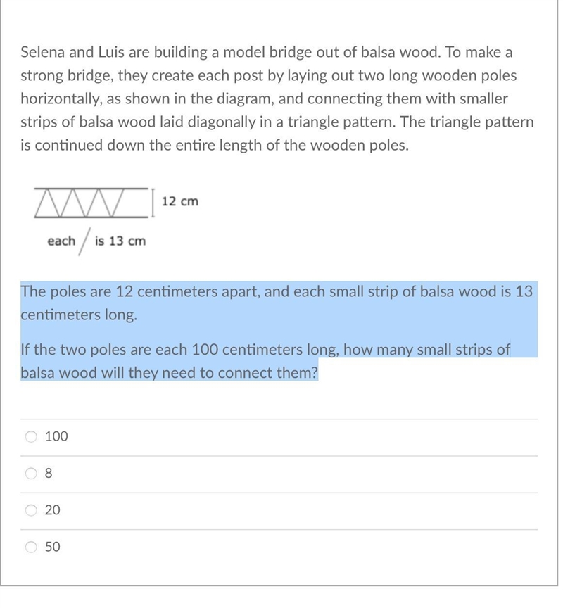 Selena and Luis are building a model bridge out of balsa wood. To make a strong bridge-example-1