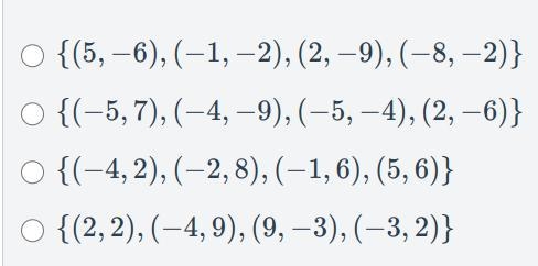 HELP ASAP DUE SOON!!! Which set of ordered pairs does not represent a function?-example-1