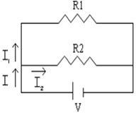 In the figure, the voltage V is 12.0 volts. If R1 = 200 Ohms and R2 = 600 Ohms what-example-1