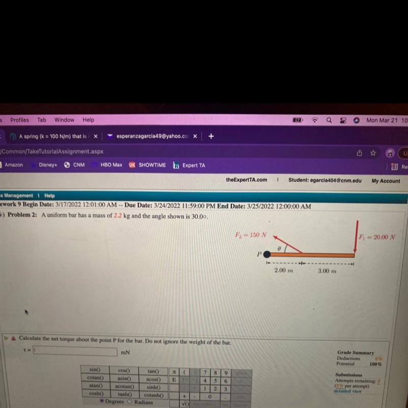 A uniform bar has a mass of 2.2 kg and the angle shown is 30 degrees. Calculate the-example-1