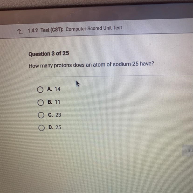 How many protons does an atom of sodium-25 have? A. 14 B. 11 C. 23 D. 25-example-1