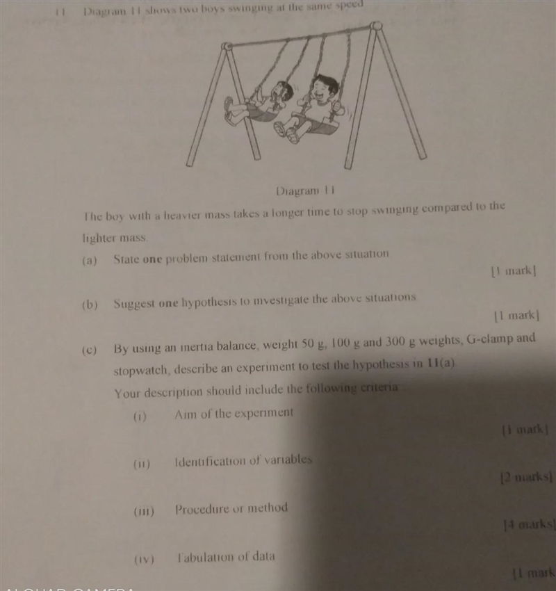 11. diagram 11 shows two boys swinging at the same speed-example-1