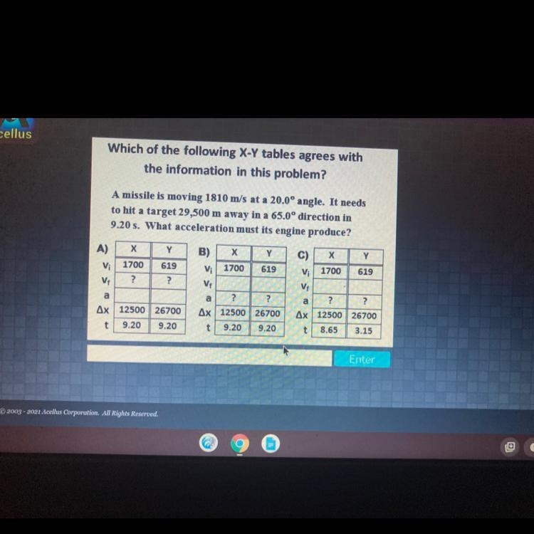 Which of the following X-Y tables agrees withthe information in this problem?A missile-example-1