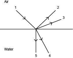 Light ray 1 strikes the surface, separating air and water as shown below. A horizontal-example-1