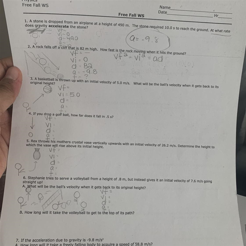 I need help on the free fall equations. We have to use the four kinematics equations-example-1