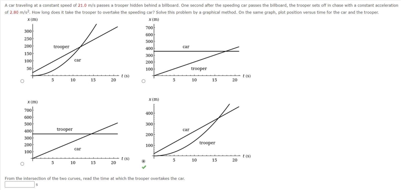 A car traveling at a constant speed of 21.0 m/s passes a trooper hidden behind a billboard-example-1