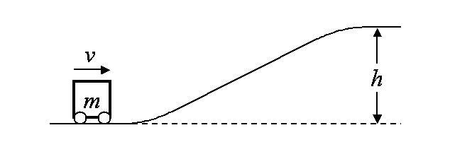 A cart on frictionless rollers approaches a smooth, curved slope h = 0.45 meters high-example-1