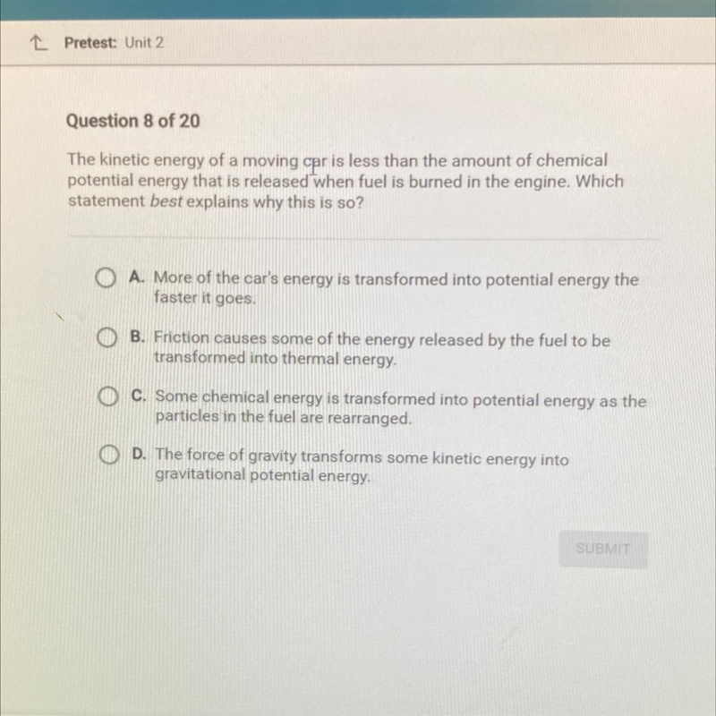 The kinetic energy of a moving car is less than the amount of chemical potential energy-example-1