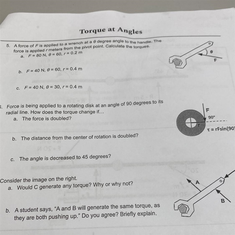 A force of F in applied to a wrench at a 0 degree angle to the handle. Theforce is-example-1