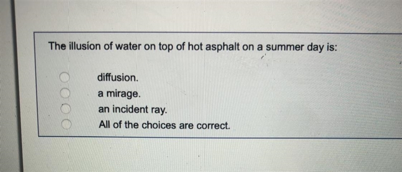 The illusion of water on top of hot asphalt on a summary day is:-example-1