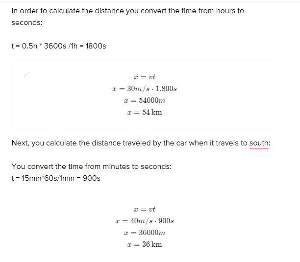 A car travels north at 30 m/s for one half hour. It then travels south at 40 m/s for-example-1