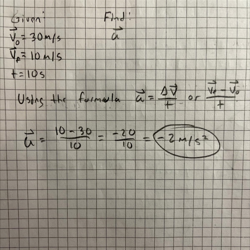 a car traveling north with a velocity of 30 m/s slows down to a velocity of 10 m/s-example-1