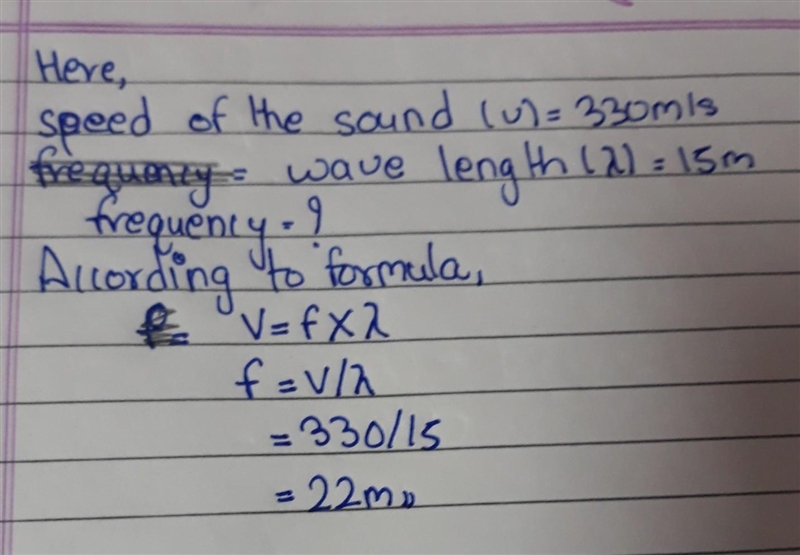 Find out the frequency of a sound wave whose wavelength is 15m.The speed of sound-example-1