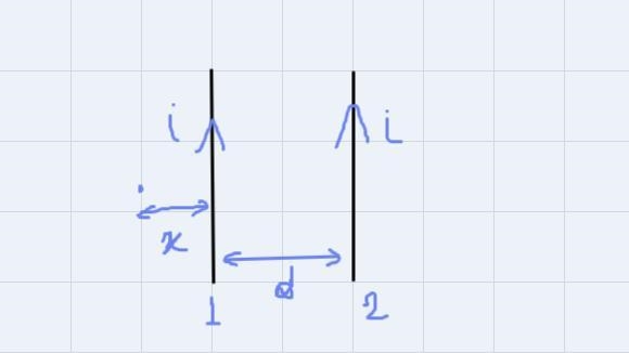 Two long, parallel wires separated by 0.328 m carry equal currents of 9.812 A in the-example-1