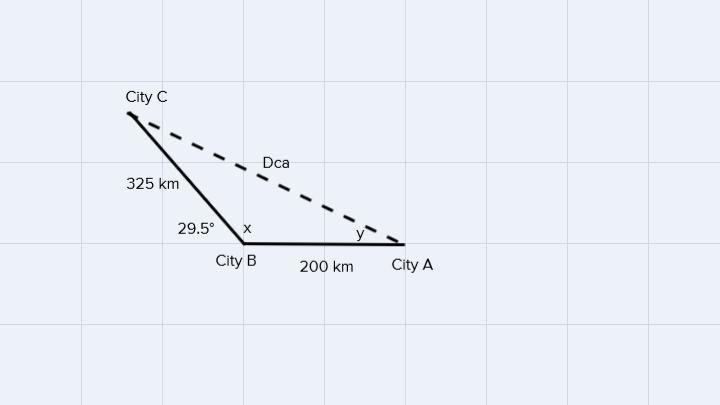 An airplane flies 200 km due west from city A to city B and then 325 km in the direction-example-1