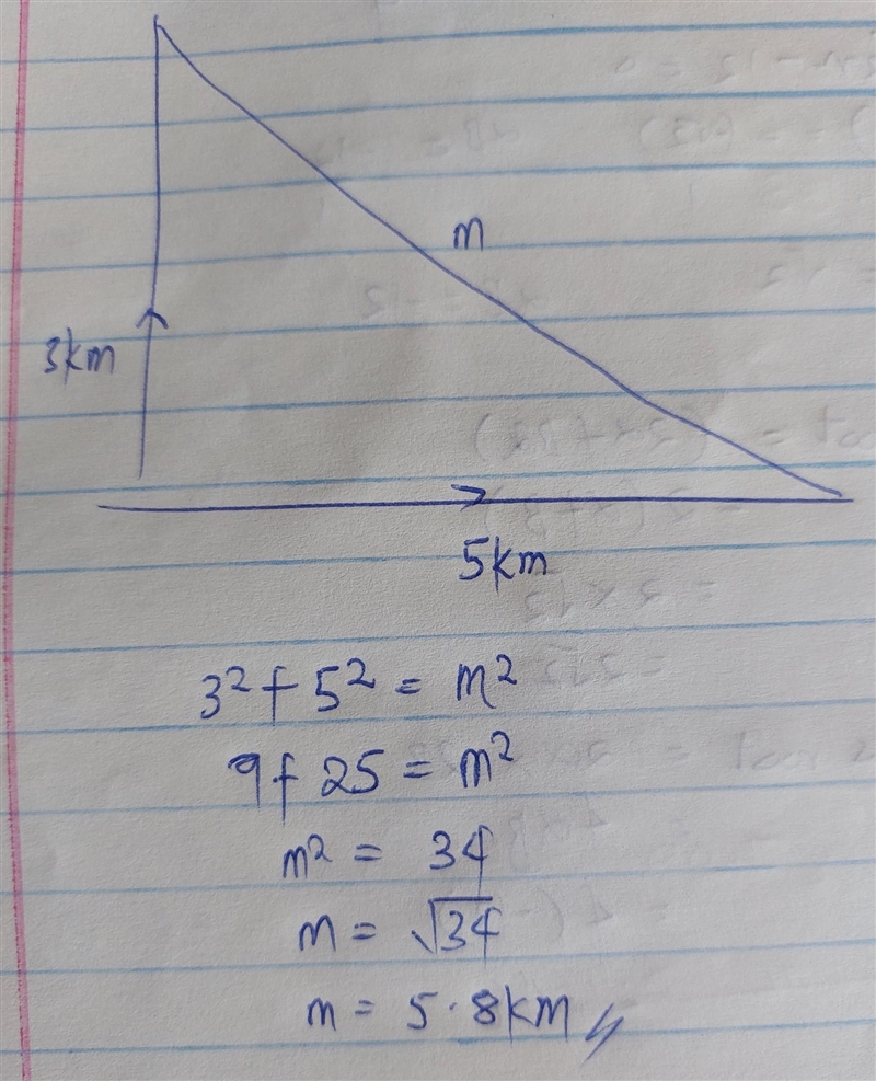 A car travel 3 km due north than 5 km East resalt despelcement​-example-1