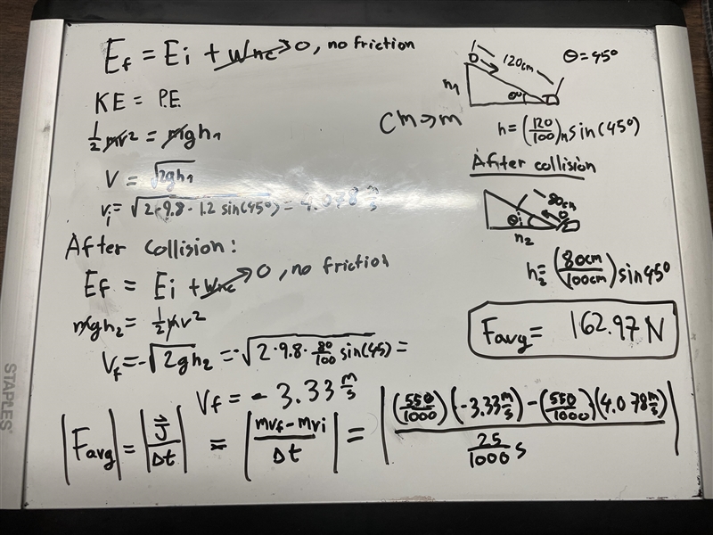 A 550 g cart is released from rest on a frictionless, 45 ∘ ramp, 120 cm from the bottom-example-1