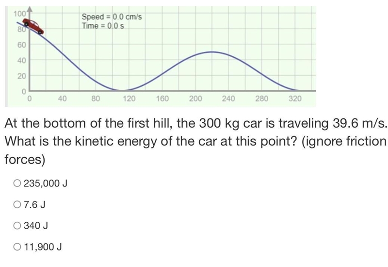 At the bottom of the first hill, the 300 kg car is traveling 39.6 m/s. What is the-example-1