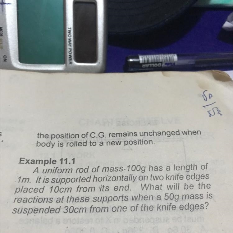 A uniform rod of mass 100g has a length of1m. It is supported horizontally on two-example-1