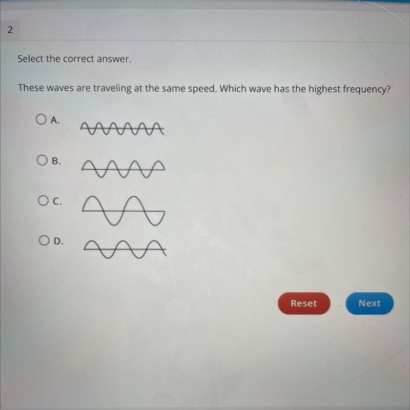 Select the correct answer. These waves are traveling at the same speed. Which wave-example-1