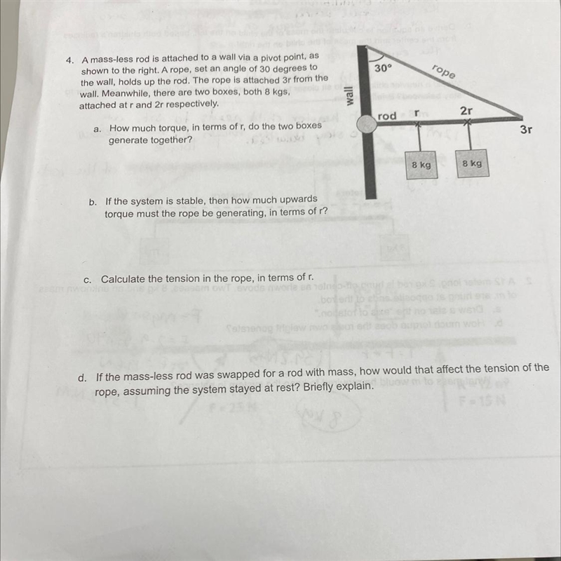 4.A mass-less rod is attached to a wall via a pivot point, asshown to the right. A-example-1