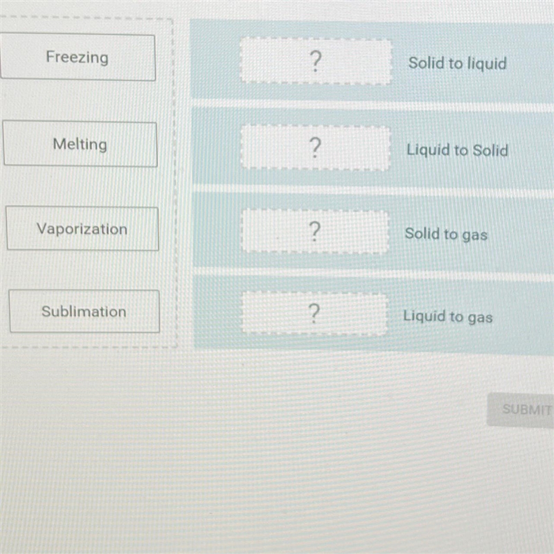 Match each phase change with its description.Freezing12?Solid to liquidMelting?Liquid-example-1