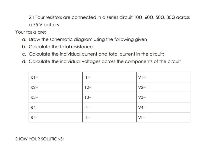 Four resistors are connected in a series circuit 10Ω, 60Ω, 50Ω, 30Ω across a 75 V-example-1