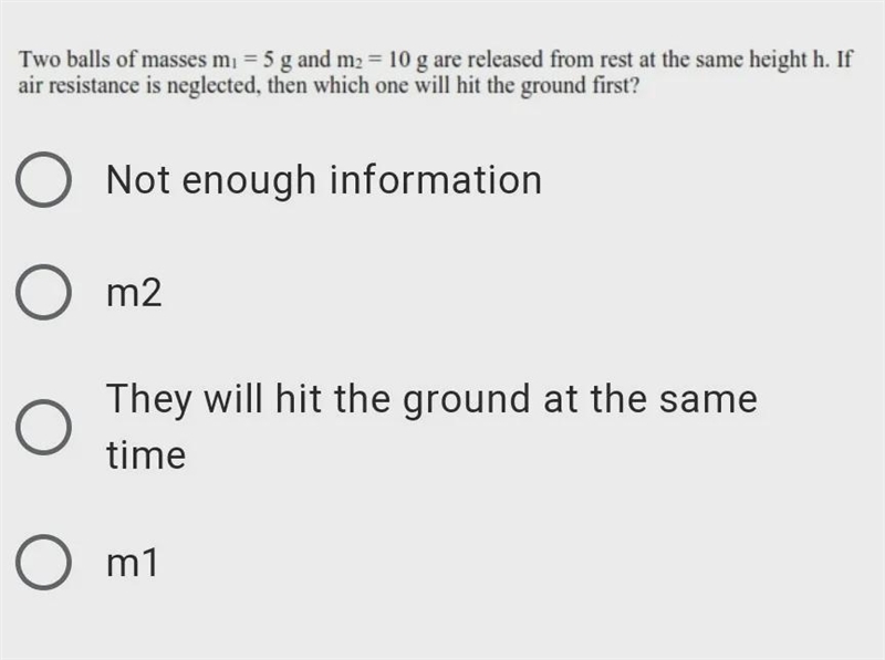 Two balls of masses mi =5 g and m: = 10 g are released from rest at the same height-example-1