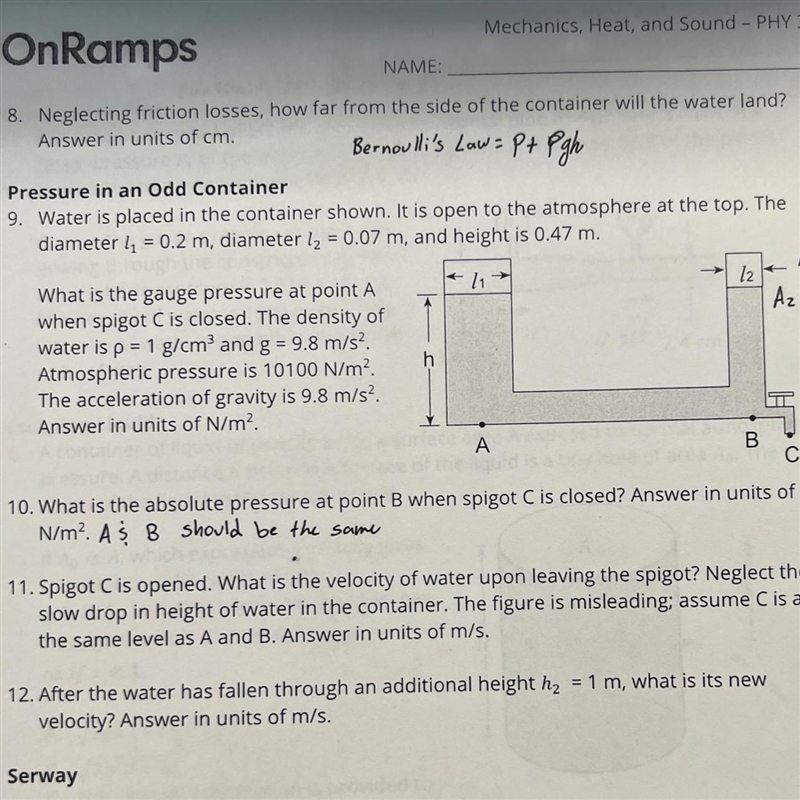 What is the gauge pressure at point A when spigot C is closed?-example-1