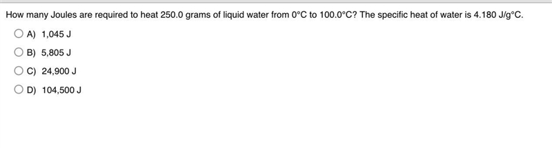 How many Joules are required to heat 250.0 grams of liquid water from O^ C to 100.0 degrees-example-1