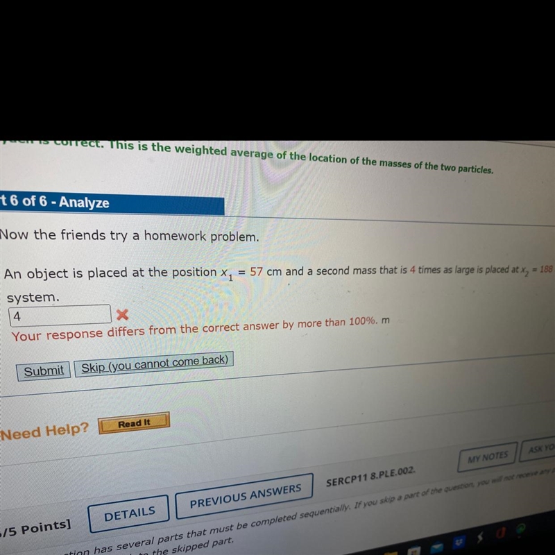 An object is placed at the position X1= 57 cm in a second mass that is 4 times as-example-1