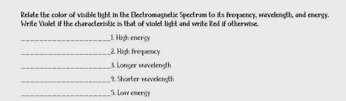 A. Relate the color of visible light in the Electromagnetic Spectrum to its frequency-example-1