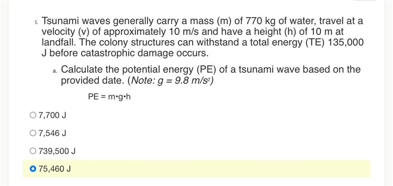 Tsunami waves generally carry a mass (m) of 770 kg of water, travel at a velocity-example-1