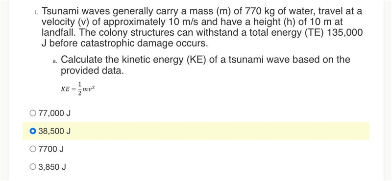 Tsunami waves generally carry a mass (m) of 770 kg of water, travel at a velocity-example-2