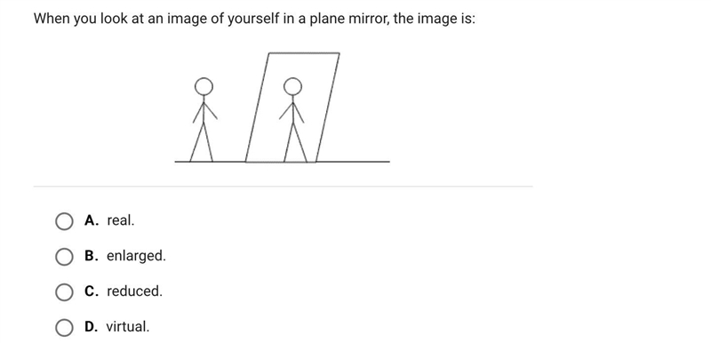 When you look at an image of yourself in a plane mirror, the image is:A.real.B.enlarged-example-1